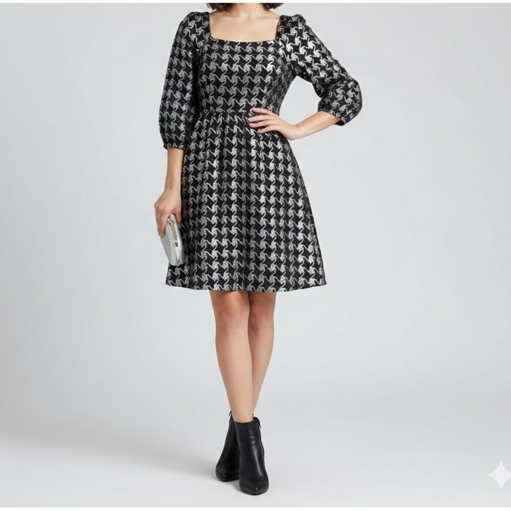 NEW Anthropologie Balloon Sleeves Dress XSMALL DAMASK houndstooth Silver Black - Picture 3 of 10